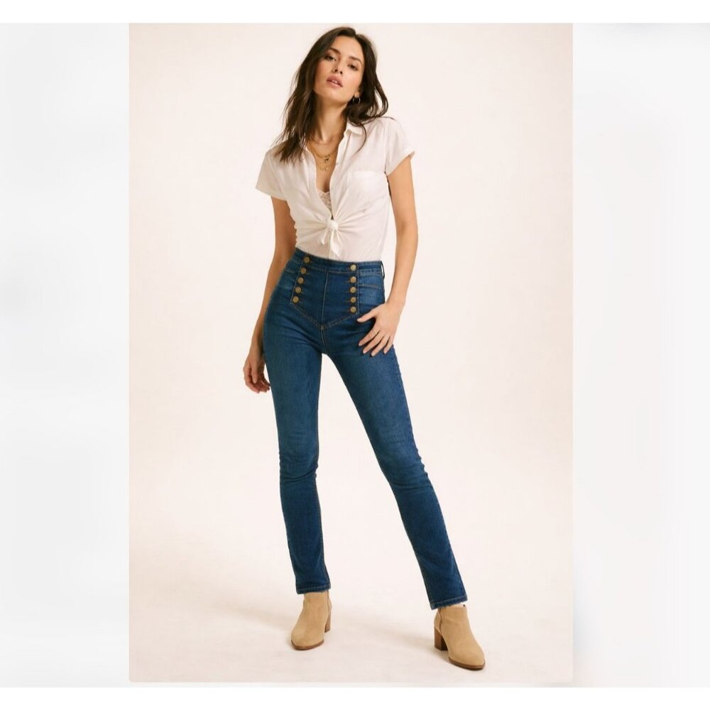 NWT Free People Dark Wash On The Run Sailor Side Zip High Waist Jeans 26